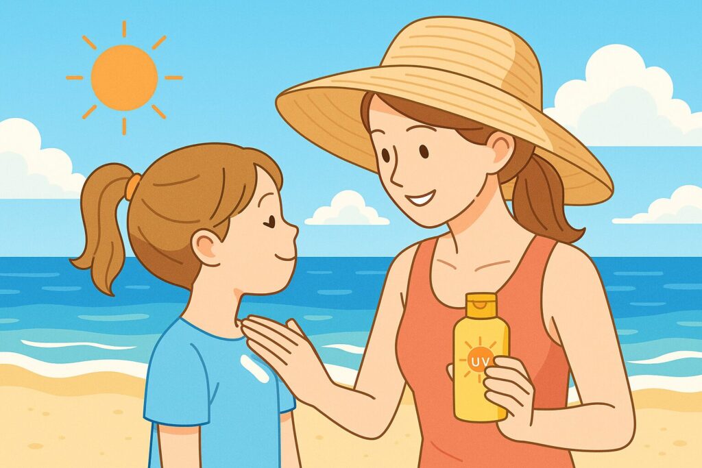 海で日焼け止めを塗る親子
